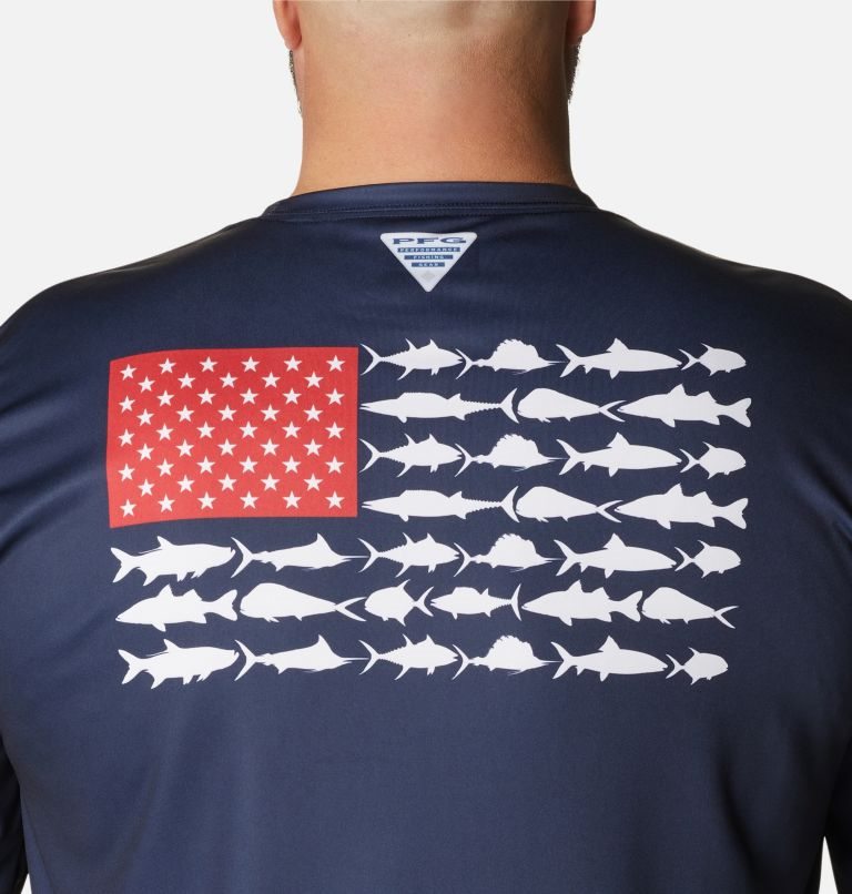 Men's Columbia PFG Terminal Tackle Fish Flag Long Sleeve Sweatshirts Navy | Plus Size CA-AAL31